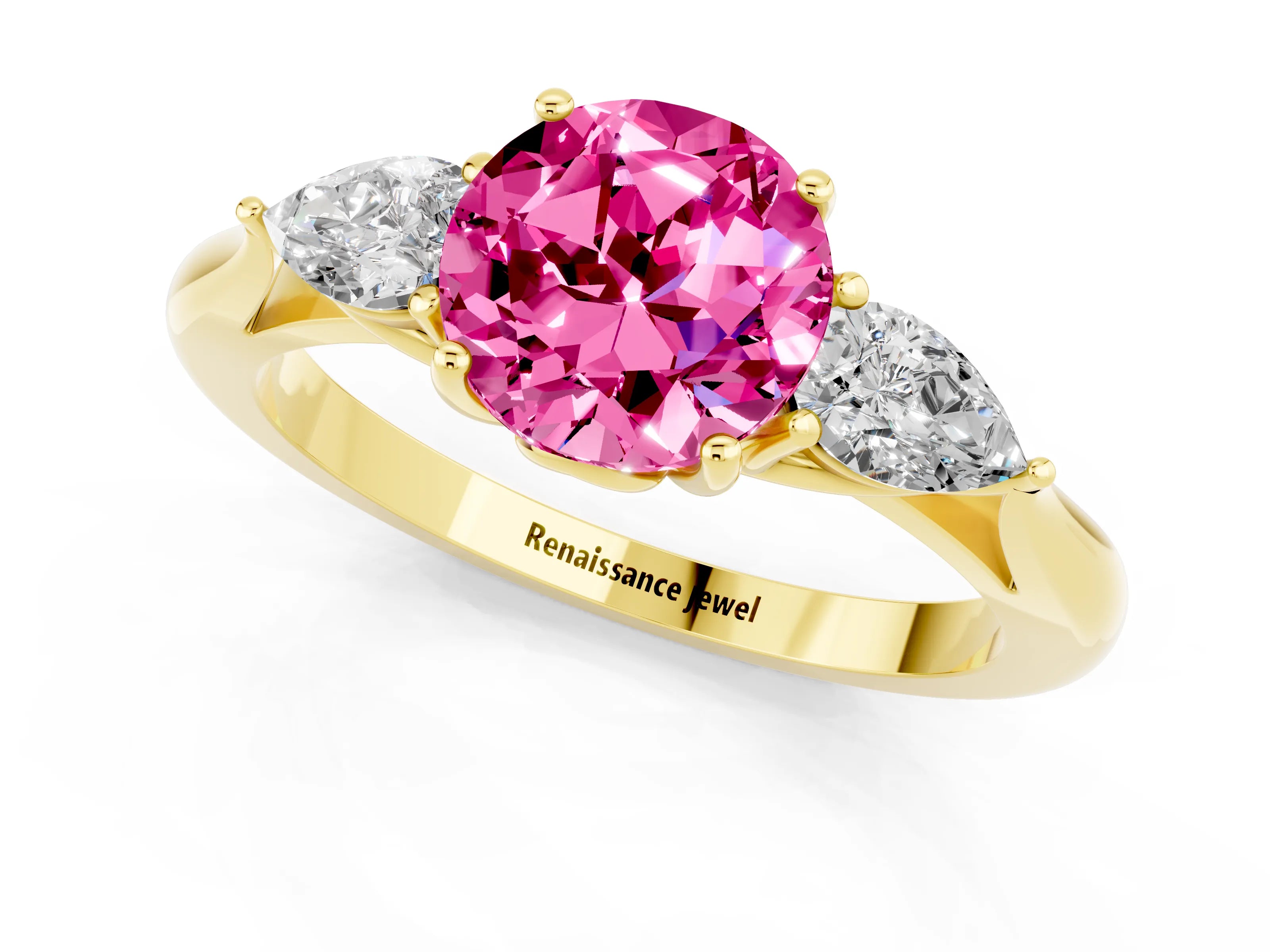 Yellow gold Round Cut Pink Sapphire Three-Stone Ring with Pear Side Stones and Four-Prong Setting_13