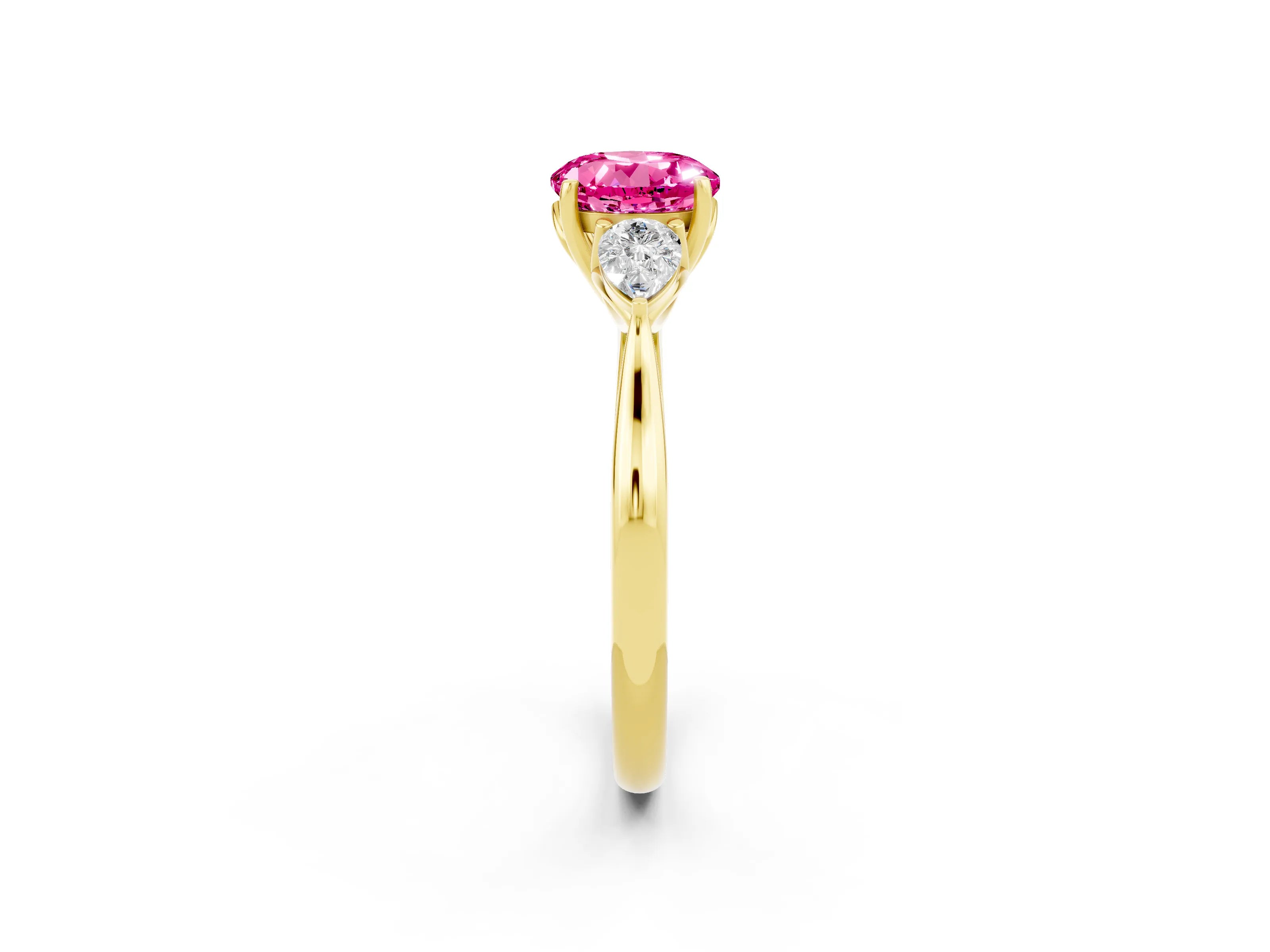 Yellow gold Round Cut Pink Sapphire Three-Stone Ring with Pear Side Stones and Four-Prong Setting_14