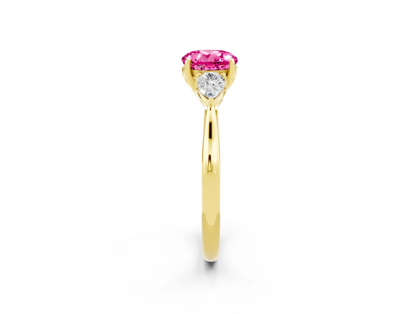 Yellow gold Round Cut Pink Sapphire Three-Stone Ring with Pear  Side Stones and Prong Setting