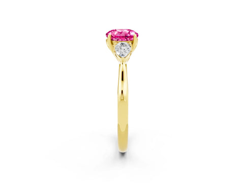 Yellow gold Round Cut Pink Sapphire Three-Stone Ring with Pear Side Stones and Four-Prong Setting_14