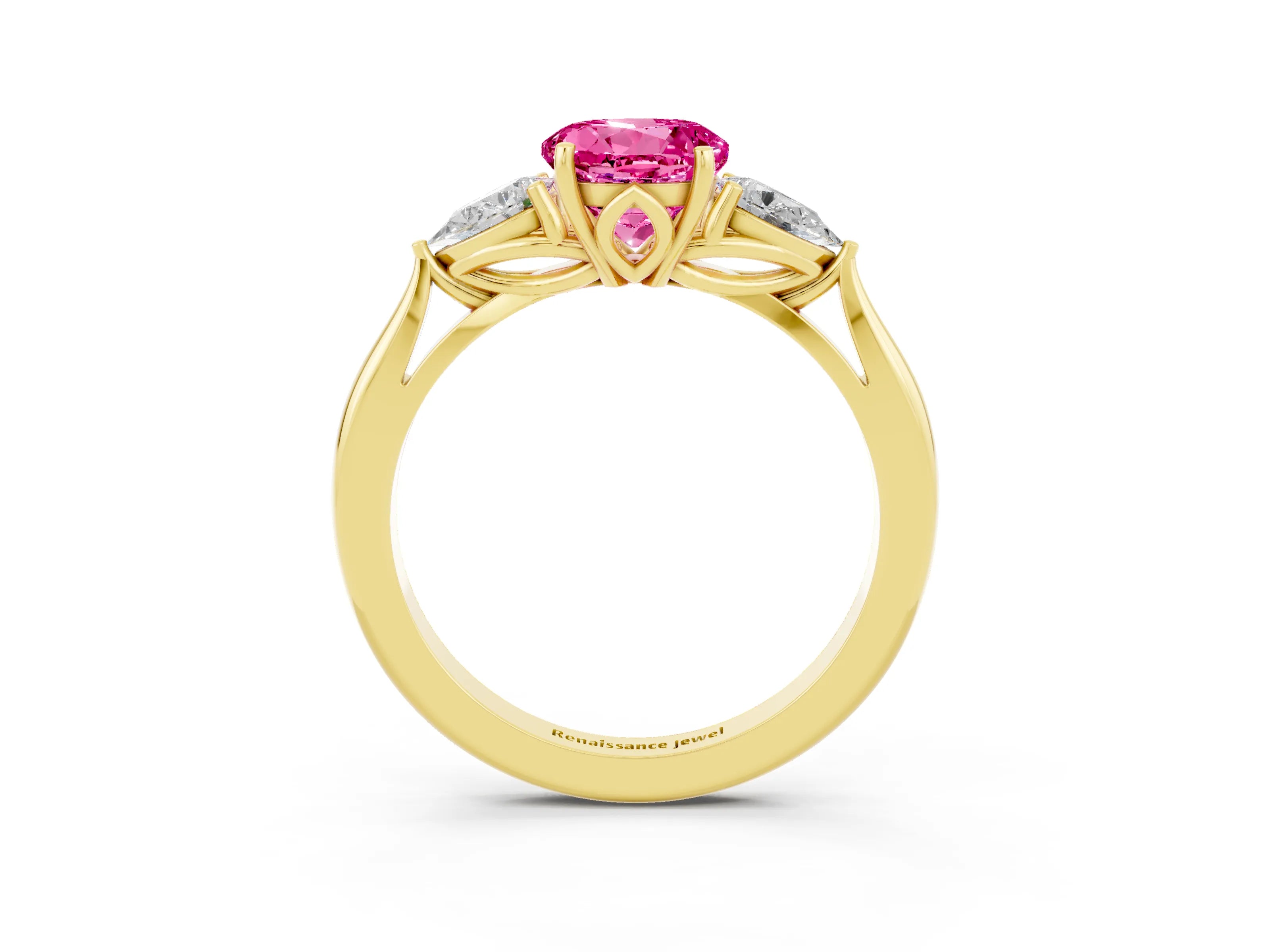 Yellow gold Round Cut Pink Sapphire Three-Stone Ring with Pear Side Stones and Four-Prong Setting_15