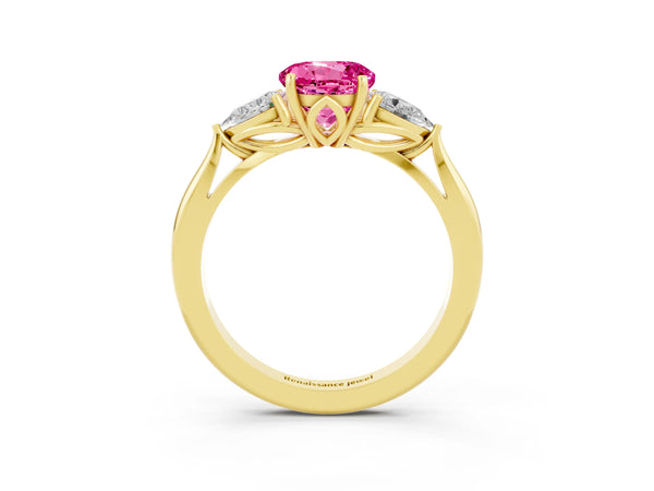 Yellow gold Round Cut Pink Sapphire Three-Stone Ring with Pear  Side Stones and Prong Setting