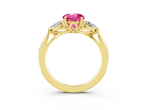 Yellow gold Round Cut Pink Sapphire Three-Stone Ring with Pear Side Stones and Four-Prong Setting_15