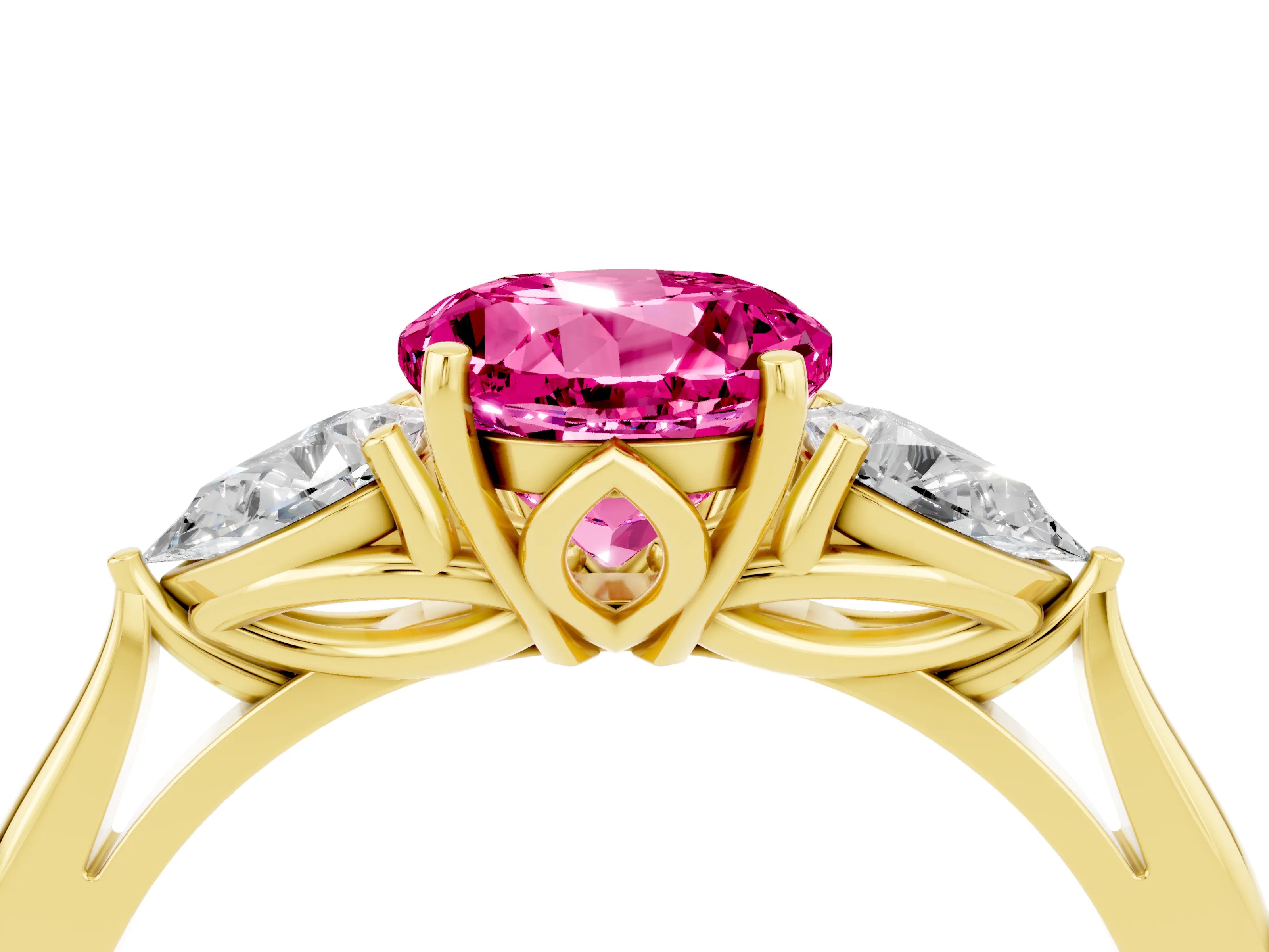 Yellow gold Round Cut Pink Sapphire Three-Stone Ring with Pear Side Stones and Four-Prong Setting_16