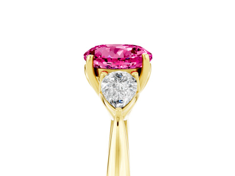 Yellow gold Round Cut Pink Sapphire Three-Stone Ring with Pear Side Stones and Four-Prong Setting_17