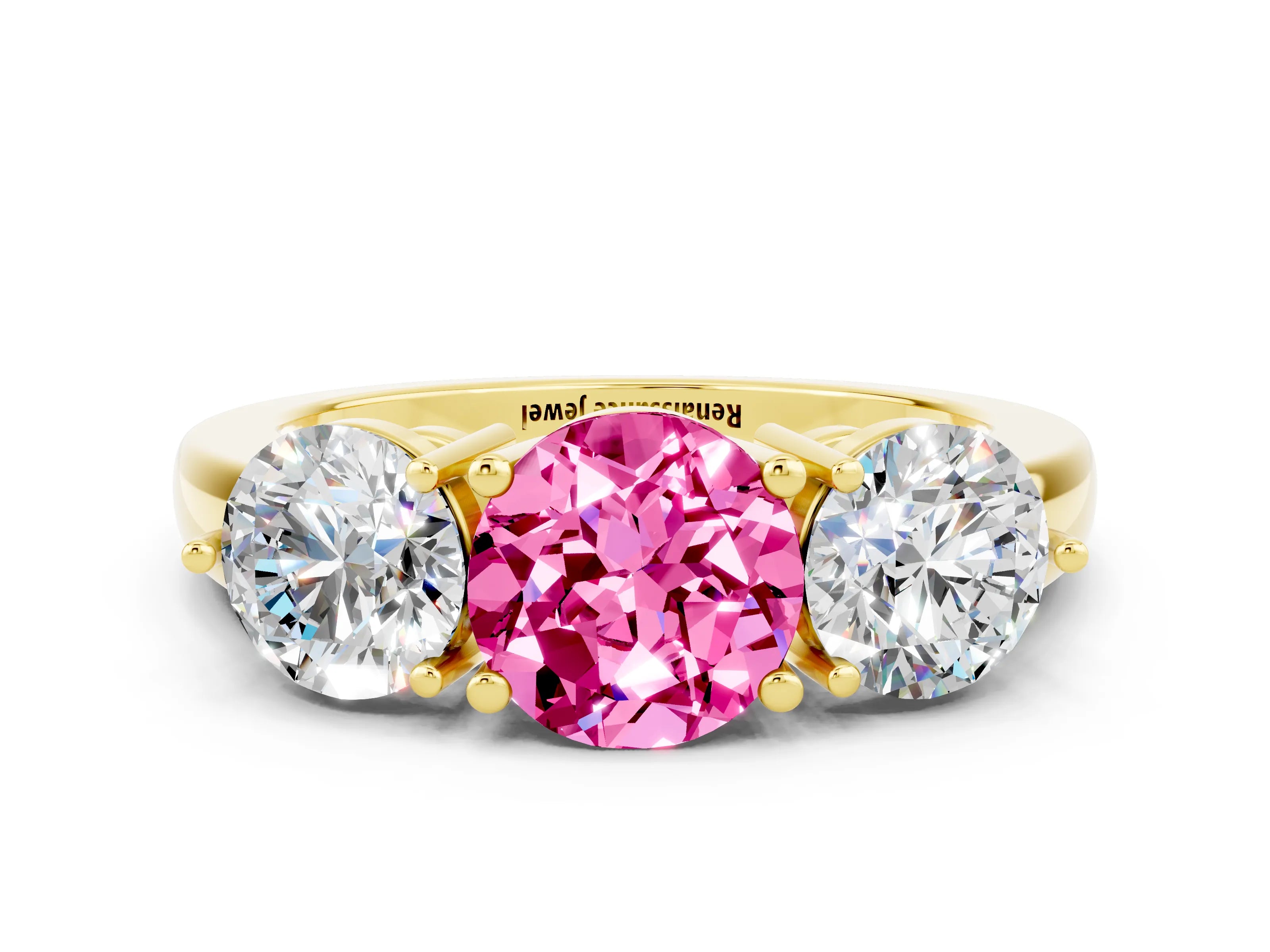Yellow gold Round Cut Pink Sapphire Three-Stone Ring with Prong Setting and Classic Band