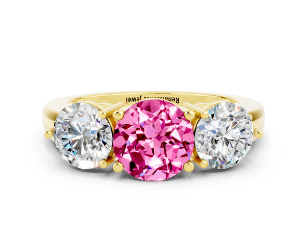 Yellow gold Round Cut Pink Sapphire Three-Stone Ring with Prong Setting and Classic Band