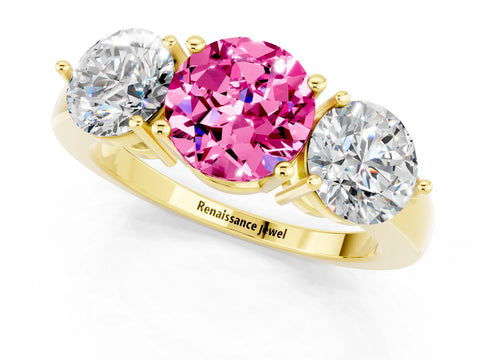 Yellow gold Round Cut Pink Sapphire Three-Stone Ring with Prong Setting and Classic Band_1