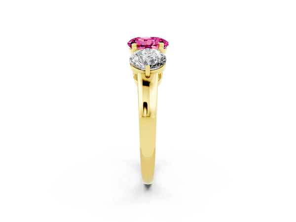 Yellow gold Round Cut Pink Sapphire Three-Stone Ring with Prong Setting and Classic Band