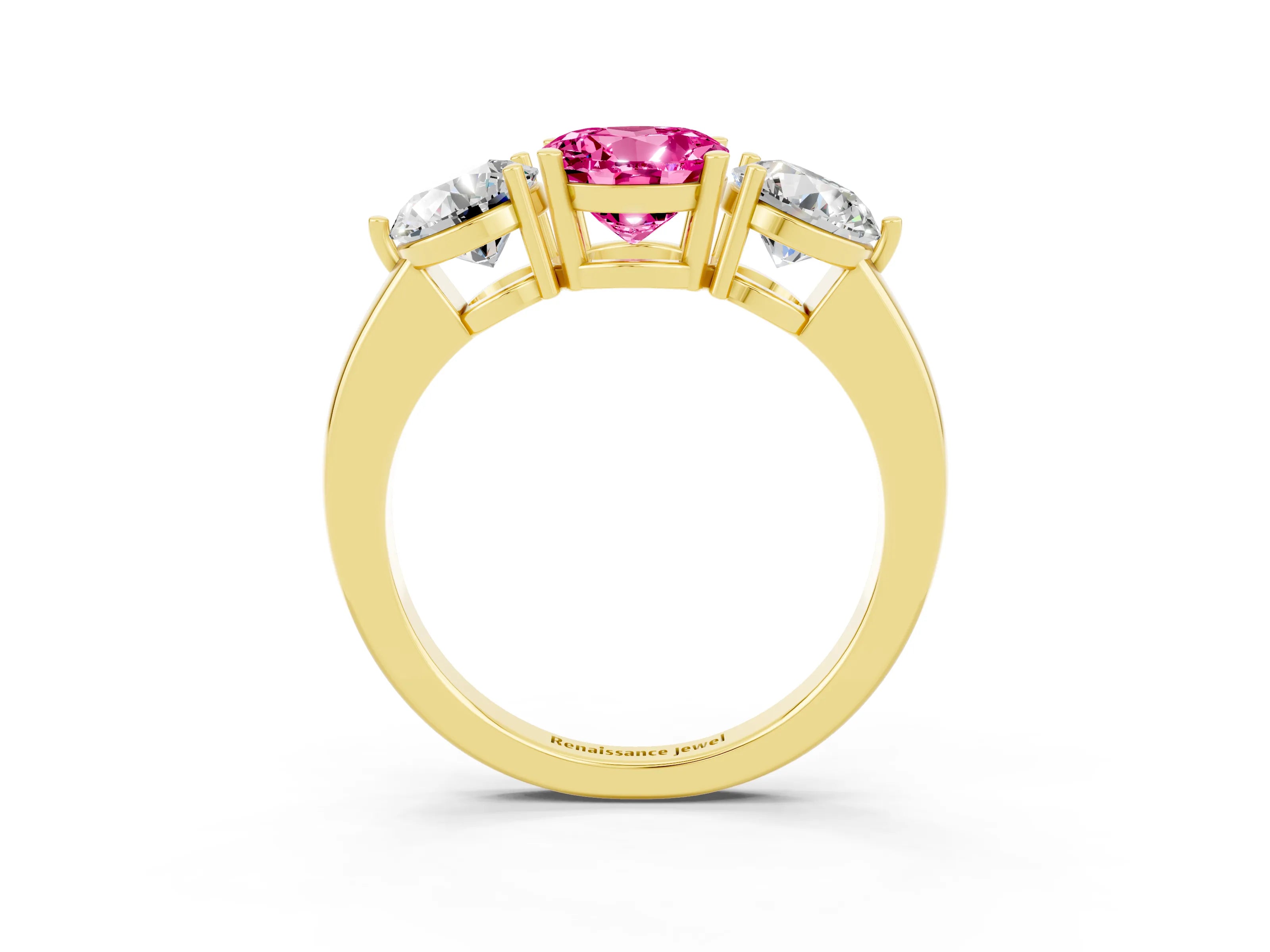 Yellow gold Round Cut Pink Sapphire Three-Stone Ring with Prong Setting and Classic Band_3