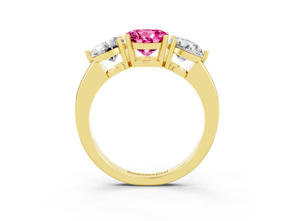 Yellow gold Round Cut Pink Sapphire Three-Stone Ring with Prong Setting and Classic Band