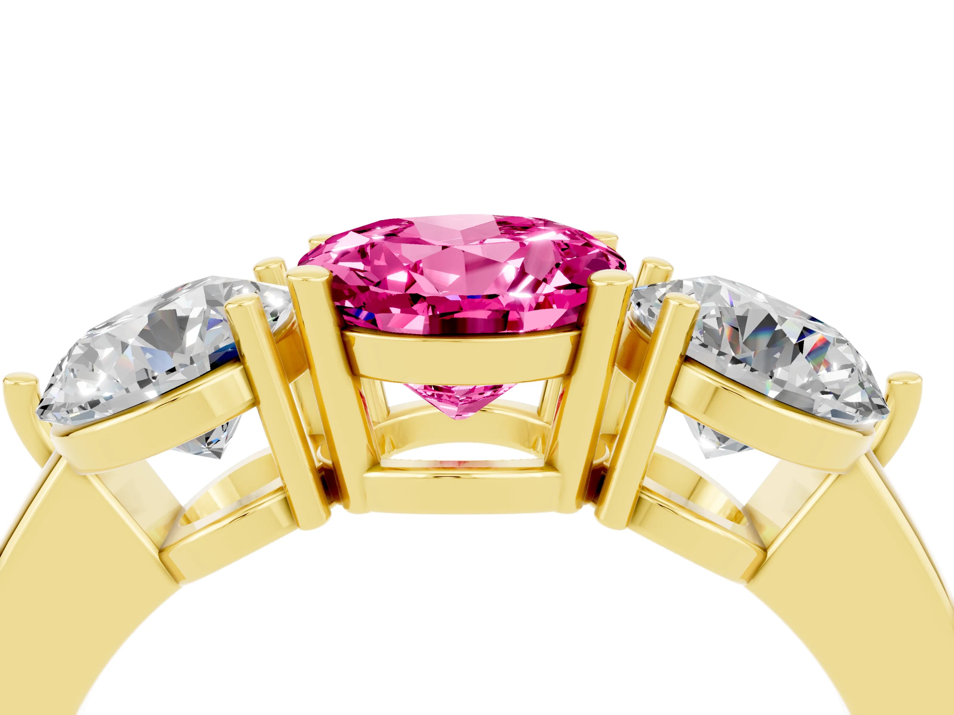 Yellow gold Round Cut Pink Sapphire Three-Stone Ring with Prong Setting and Classic Band_4