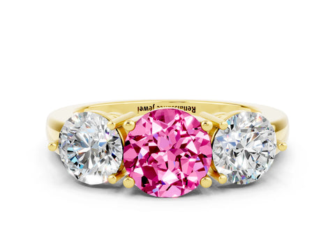 Yellow gold Round Cut Pink Sapphire Three-Stone Ring with Prong Setting and Classic Band