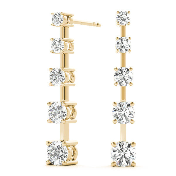 Yellow gold Round Cut Prong Set Diamond Drop Earrings