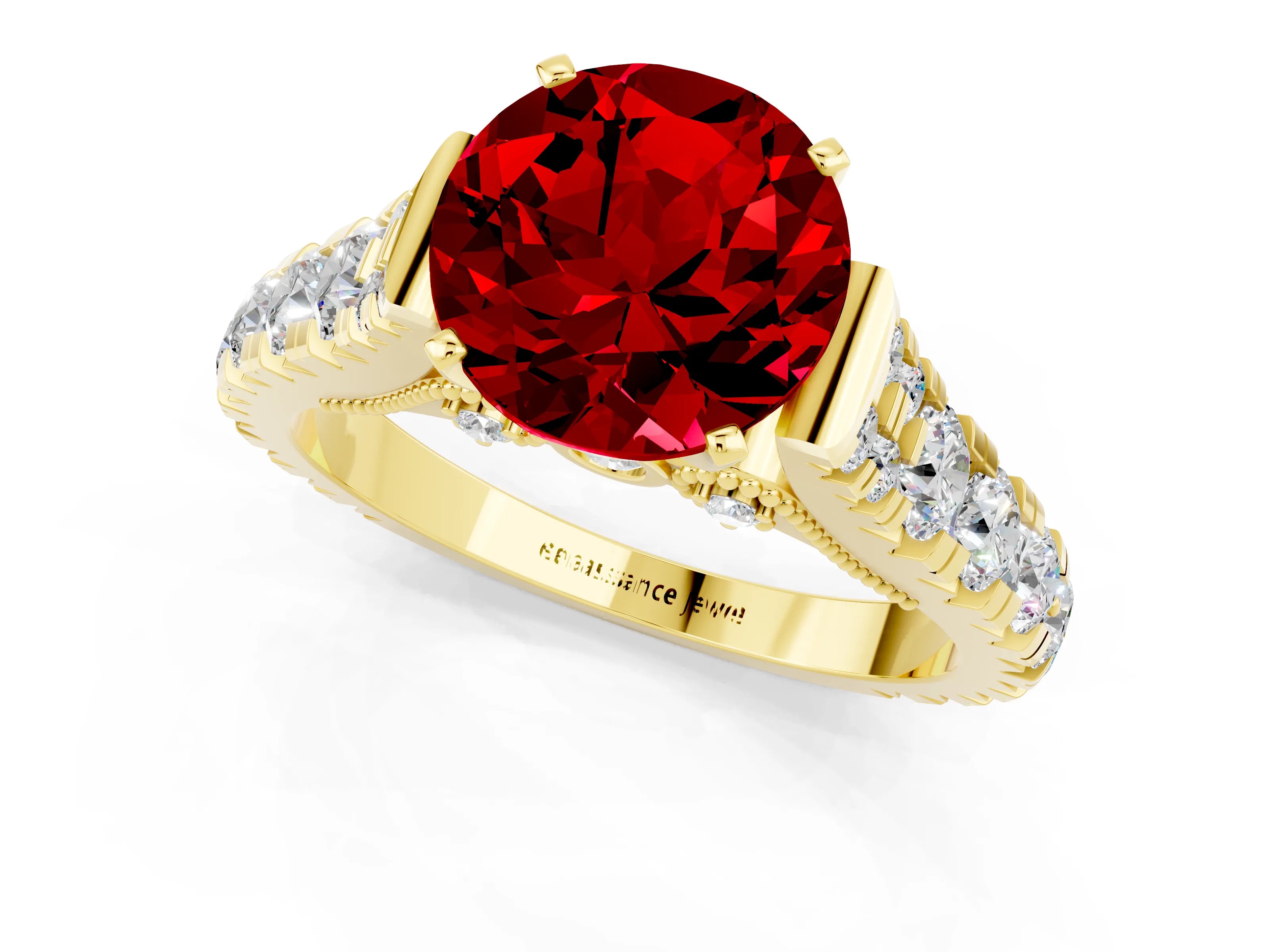 Yellow gold Round Cut Ruby Classic Solitaire Ring with Pavé Band and Four-Prong Setting_12
