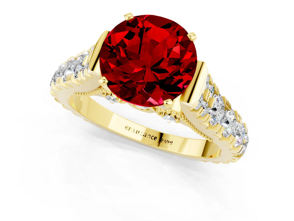 Yellow gold Round Cut Ruby Classic Solitaire Ring with Pavé Band and Four-Prong Setting
