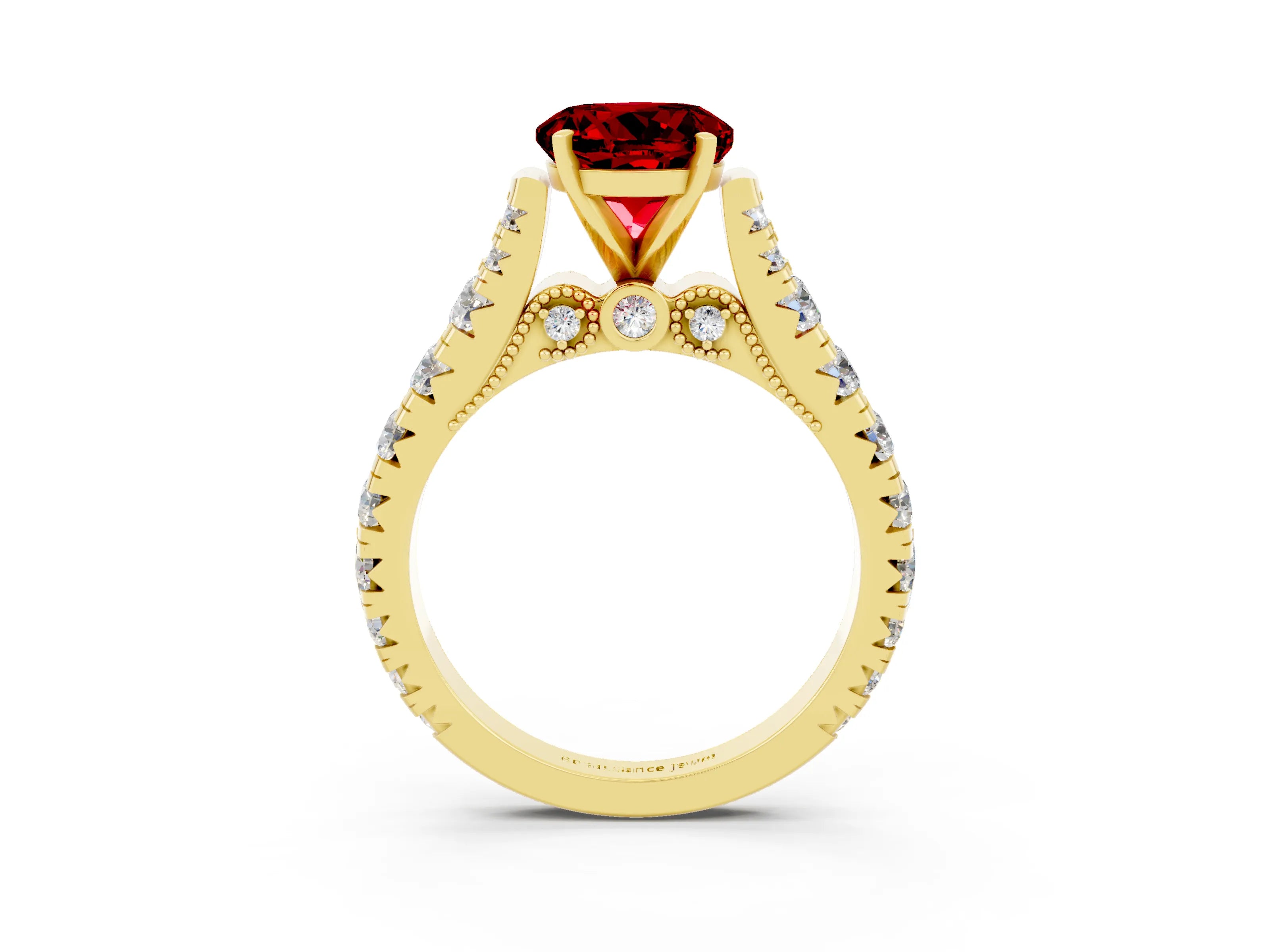 Yellow gold Round Cut Ruby Classic Solitaire Ring with Pavé Band and Four-Prong Setting_14