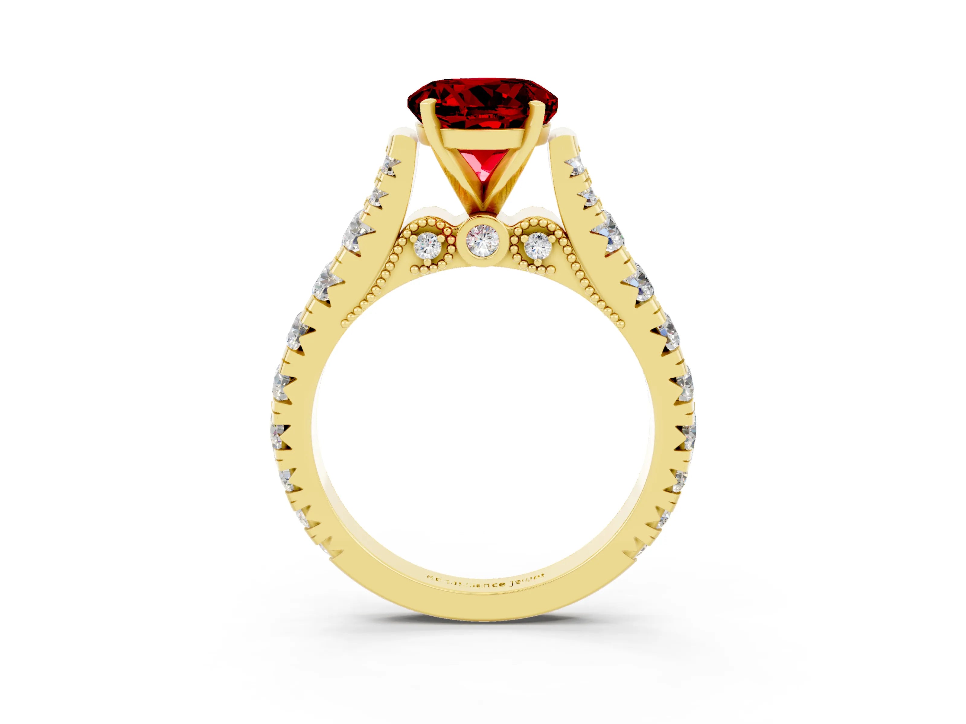 Yellow gold Round Cut Ruby Classic Solitaire Ring with Pavé Band and Four-Prong Setting_26