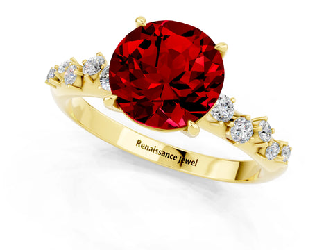Yellow gold Round Cut Ruby Cluster Side Stone Solitaire Ring with Prong Setting_25