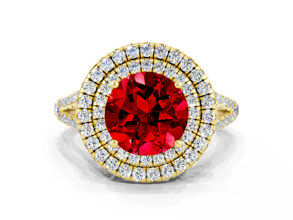 Yellow gold Round Cut Ruby Double Halo Ring with Pavé Band and Prong Setting
