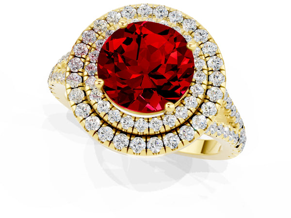 Yellow gold Round Cut Ruby Double Halo Ring with Pavé Band and Prong Setting
