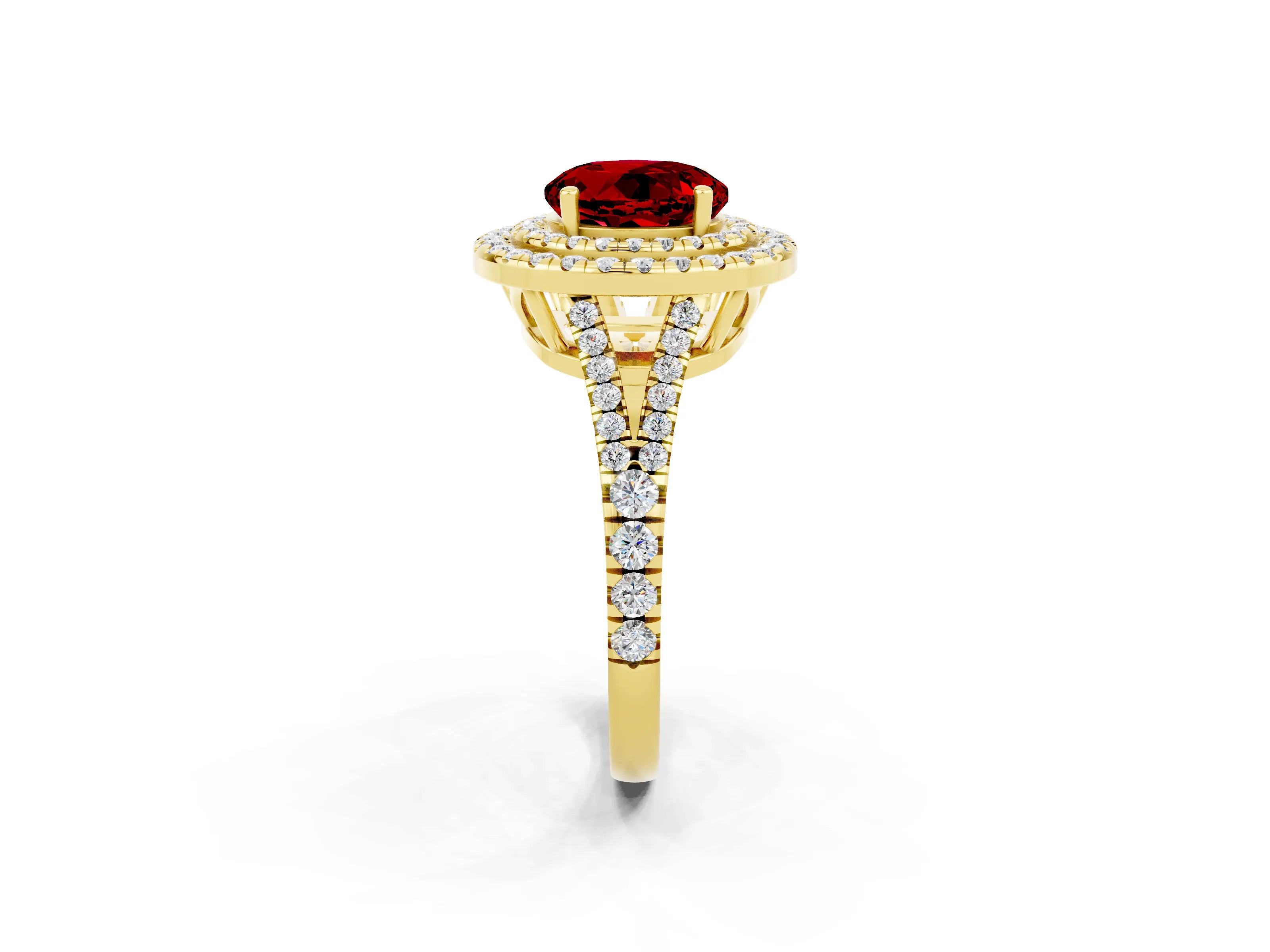 Yellow gold Round Cut Ruby Double Halo Ring with Pavé Band and Prong Setting_14