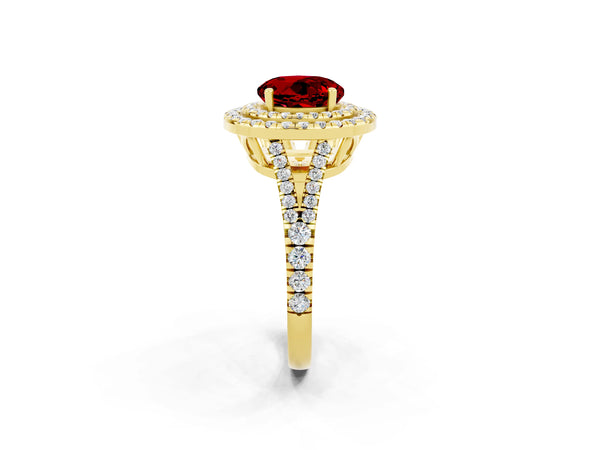 Yellow gold Round Cut Ruby Double Halo Ring with Pavé Band and Prong Setting