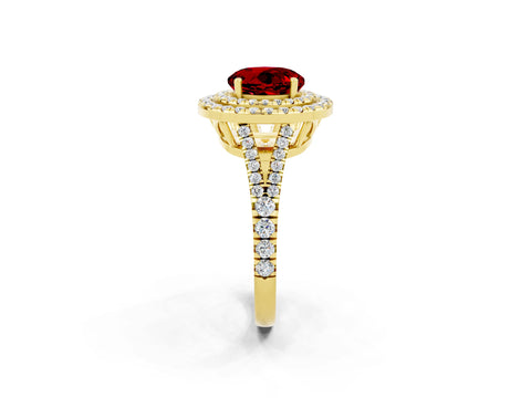 Yellow gold Round Cut Ruby Double Halo Ring with Pavé Band and Prong Setting_14
