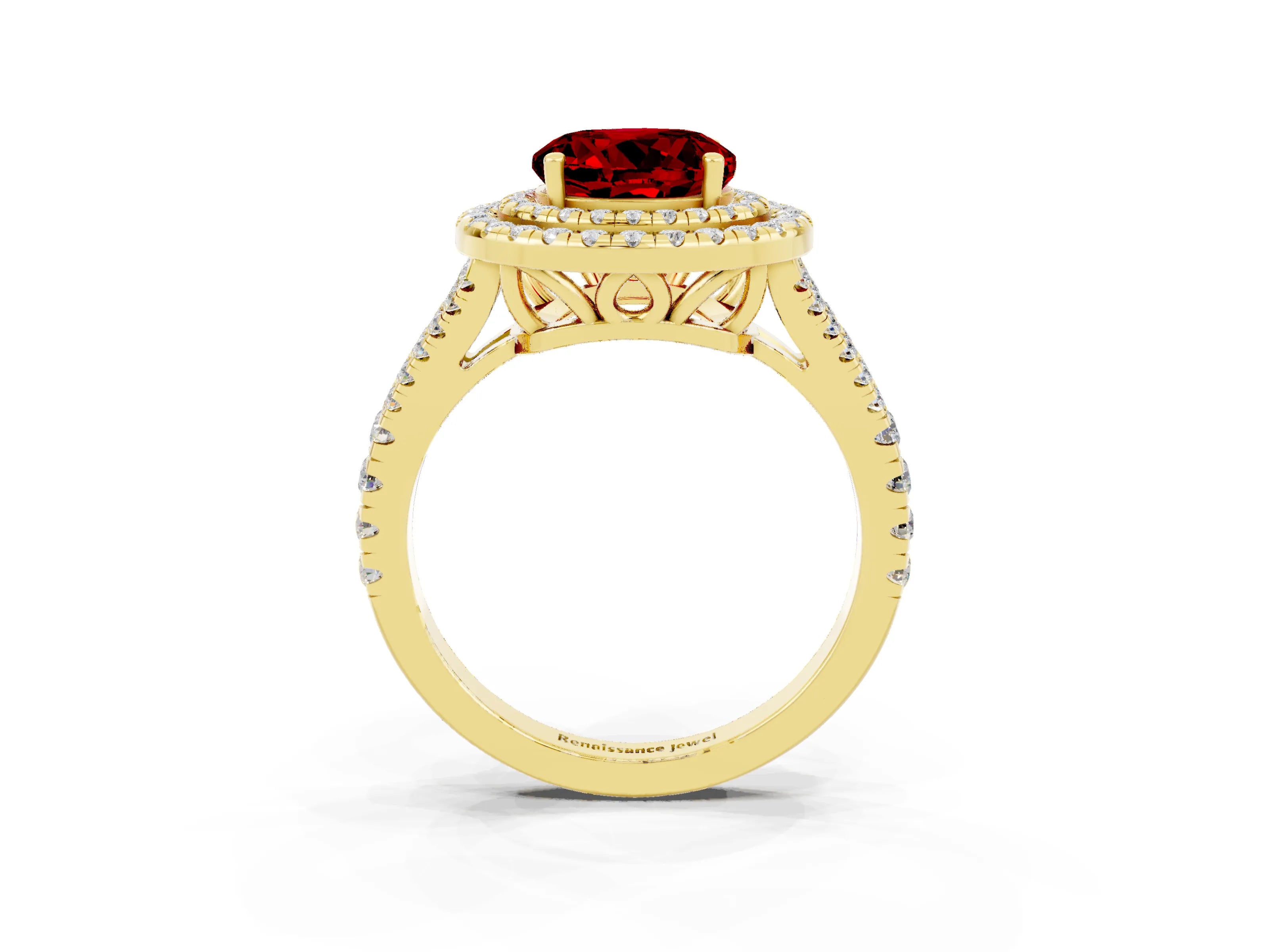 Yellow gold Round Cut Ruby Double Halo Ring with Pavé Band and Prong Setting_15
