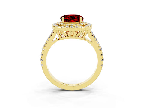 Yellow gold Round Cut Ruby Double Halo Ring with Pavé Band and Prong Setting_15