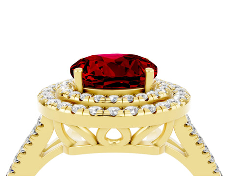 Yellow gold Round Cut Ruby Double Halo Ring with Pavé Band and Prong Setting_16
