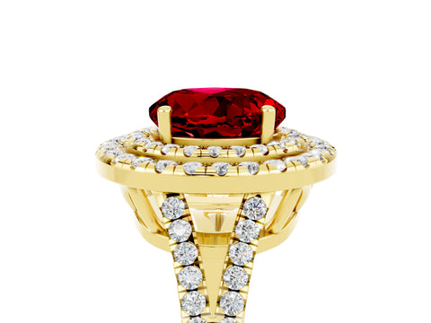 Yellow gold Round Cut Ruby Double Halo Ring with Pavé Band and Prong Setting_17