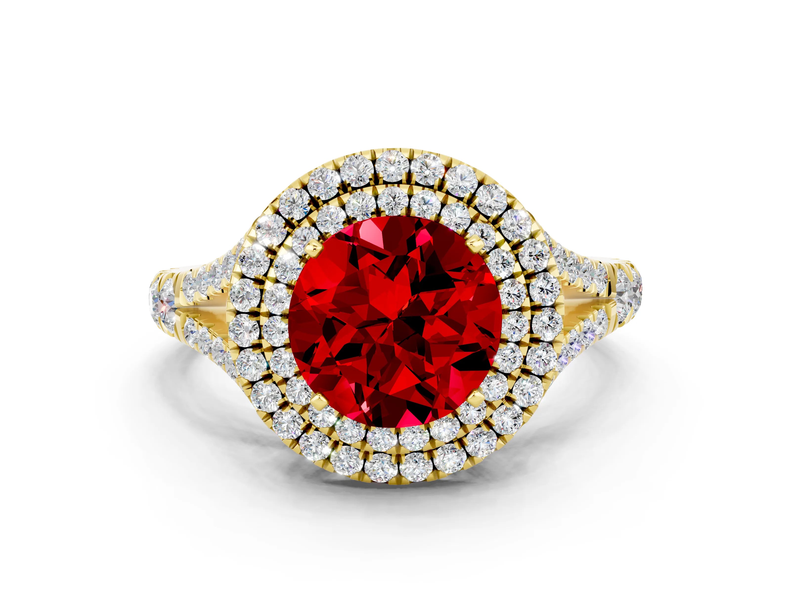 Yellow gold Round Cut Ruby Double Halo Ring with Split Shank and Prong Setting_12