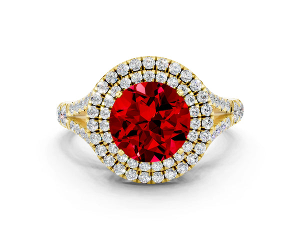 Yellow gold Round Cut Ruby Double Halo Ring with Split Shank and Prong Setting