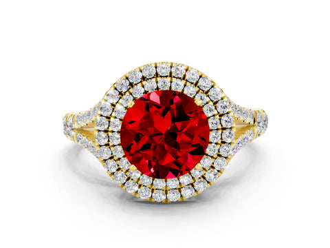Yellow gold Round Cut Ruby Double Halo Ring with Split Shank and Prong Setting_12