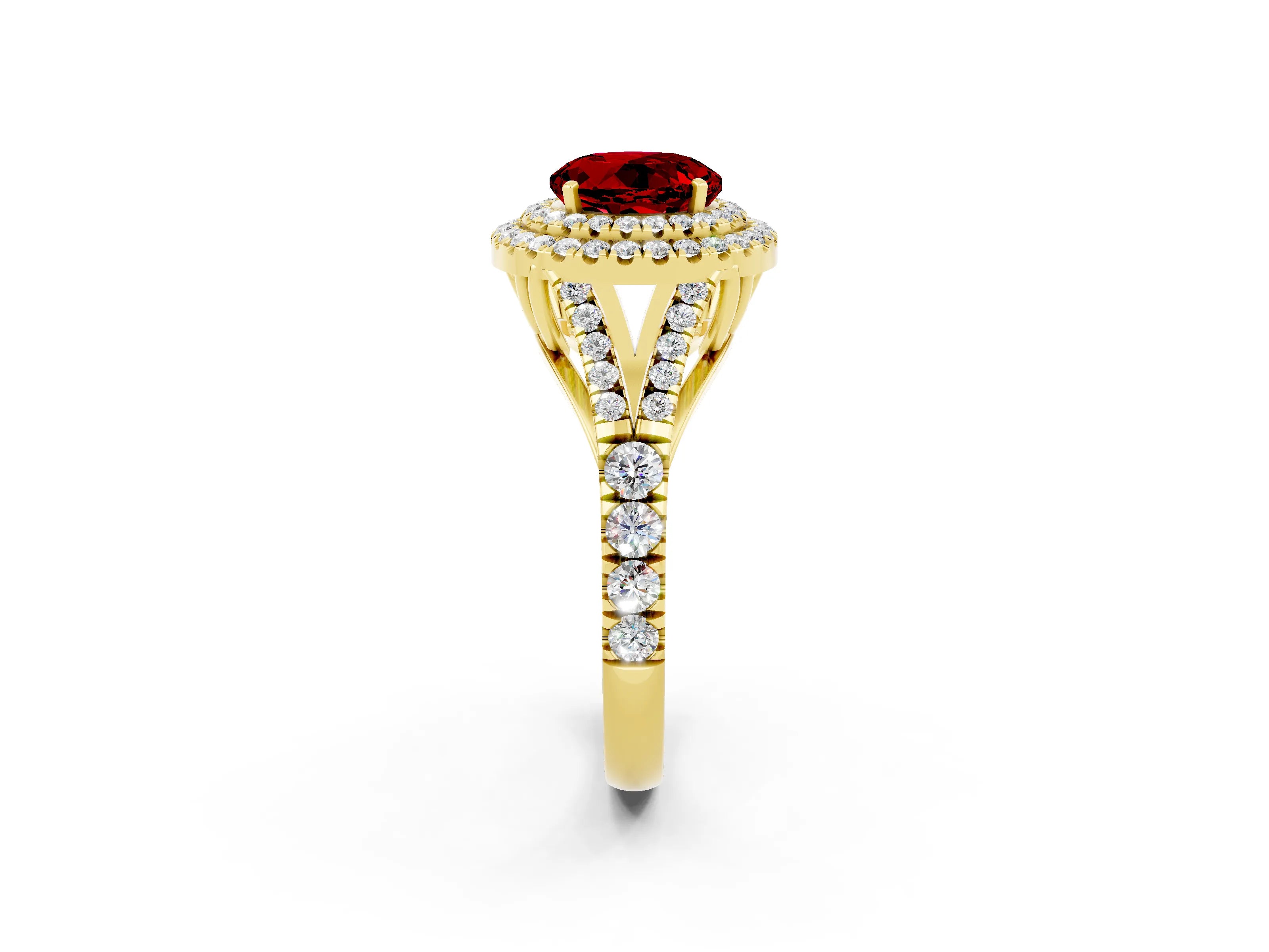 Yellow gold Round Cut Ruby Double Halo Ring with Split Shank and Prong Setting_14