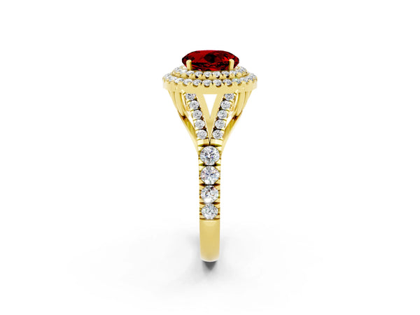 Yellow gold Round Cut Ruby Double Halo Ring with Split Shank and Prong Setting