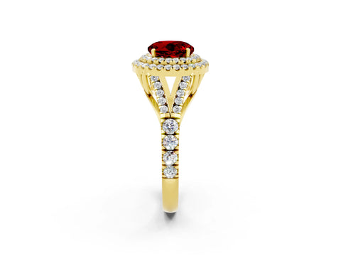 Yellow gold Round Cut Ruby Double Halo Ring with Split Shank and Prong Setting_14