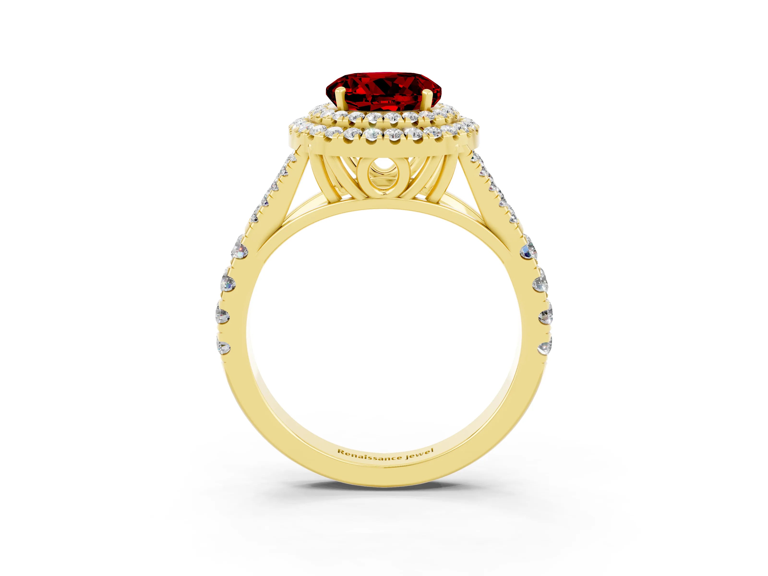 Yellow gold Round Cut Ruby Double Halo Ring with Split Shank and Prong Setting_15
