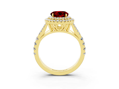 Yellow gold Round Cut Ruby Double Halo Ring with Split Shank and Prong Setting_15