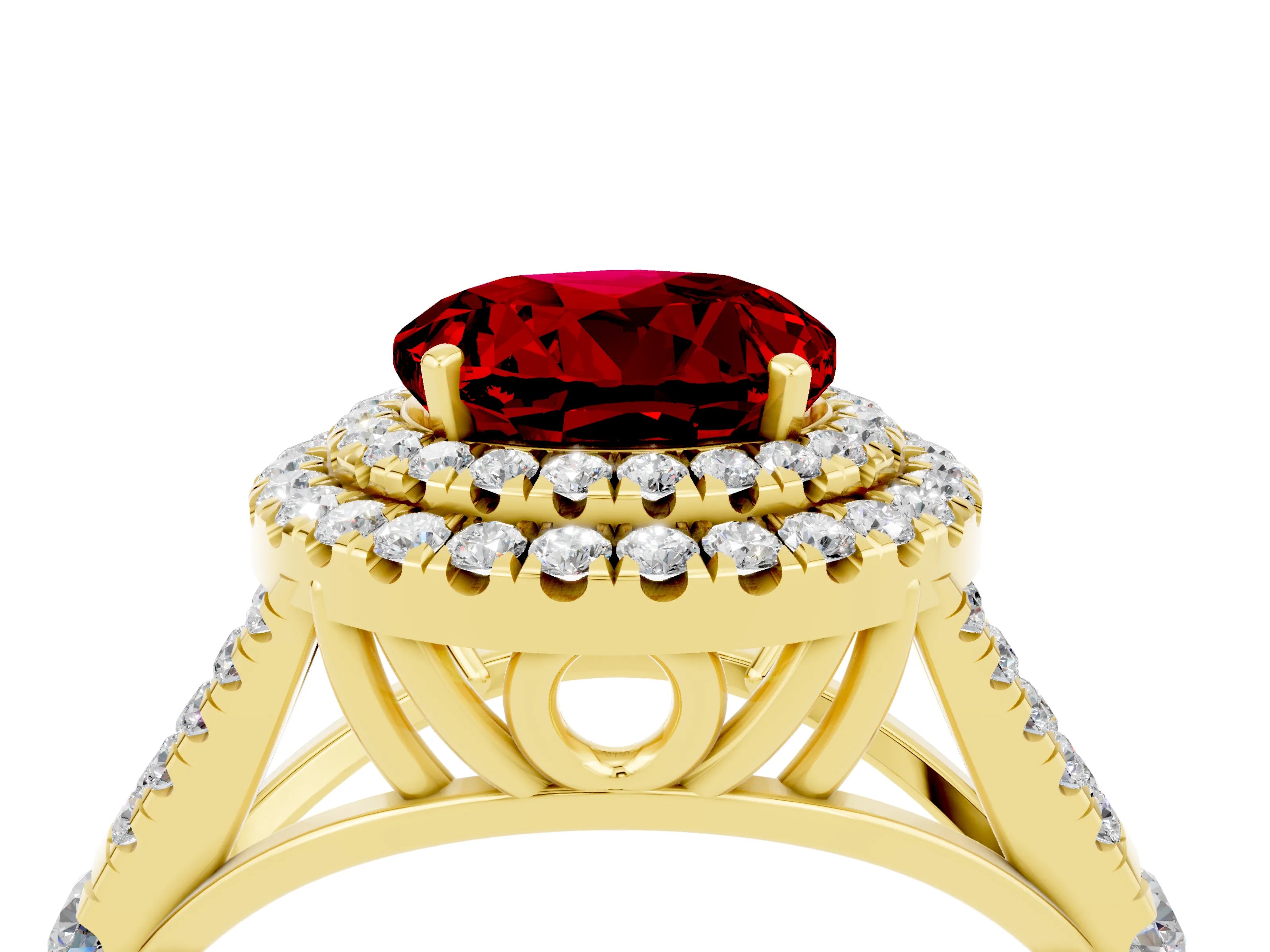 Yellow gold Round Cut Ruby Double Halo Ring with Split Shank and Prong Setting_16