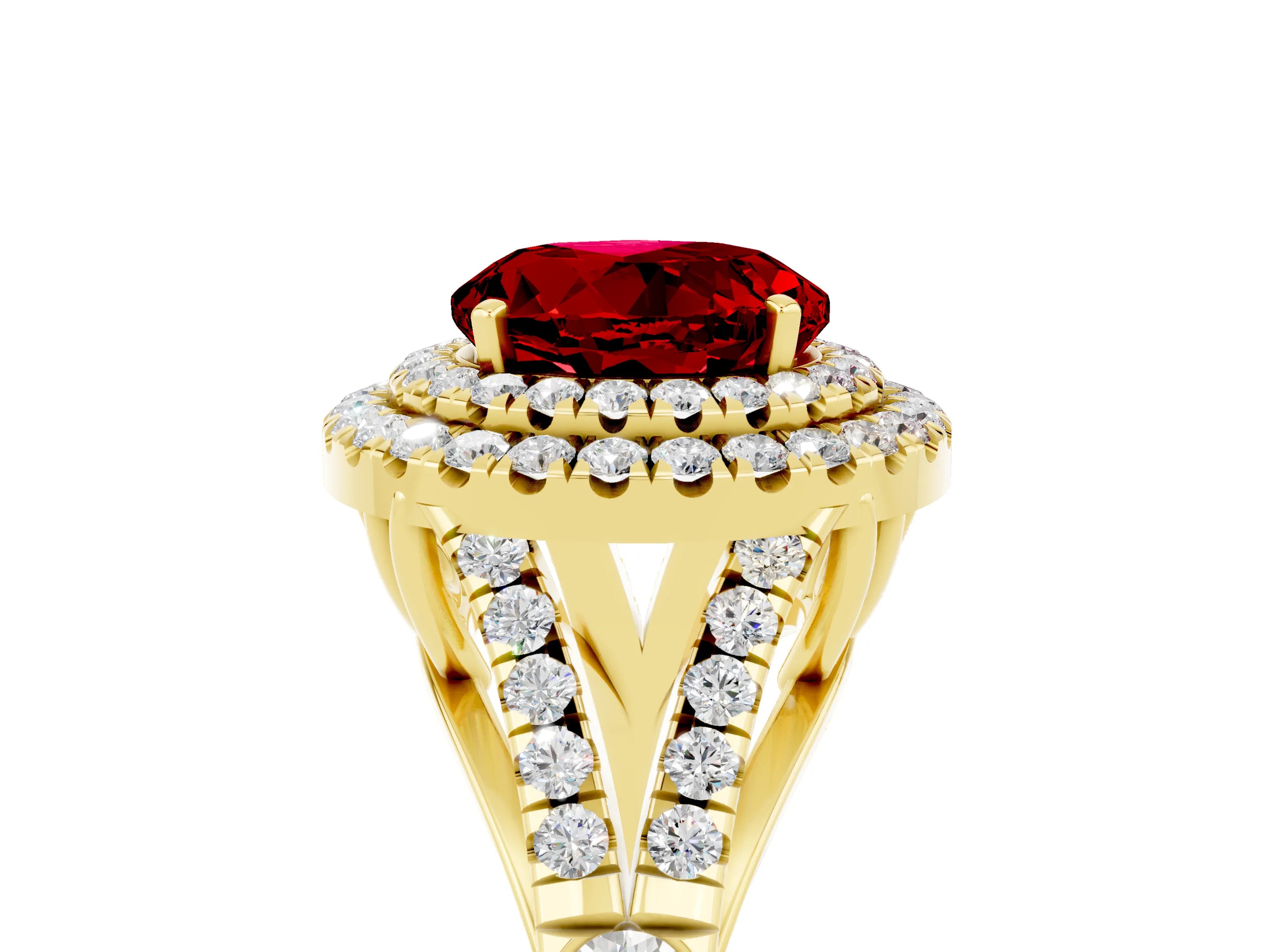 Yellow gold Round Cut Ruby Double Halo Ring with Split Shank and Prong Setting_17