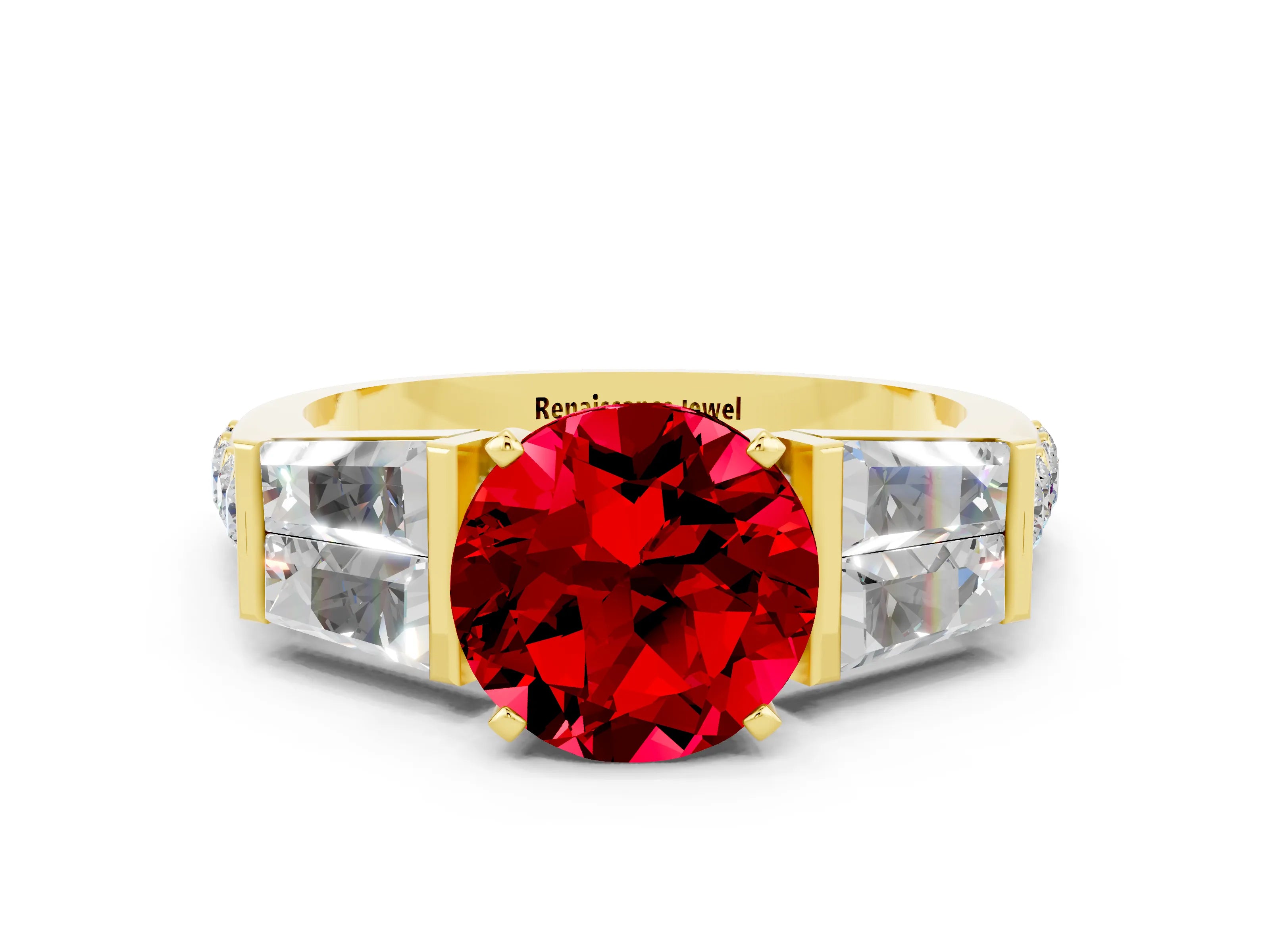 Yellow gold Round Cut Ruby Engagement Ring with Baguette Side Stones and Channel Set Band