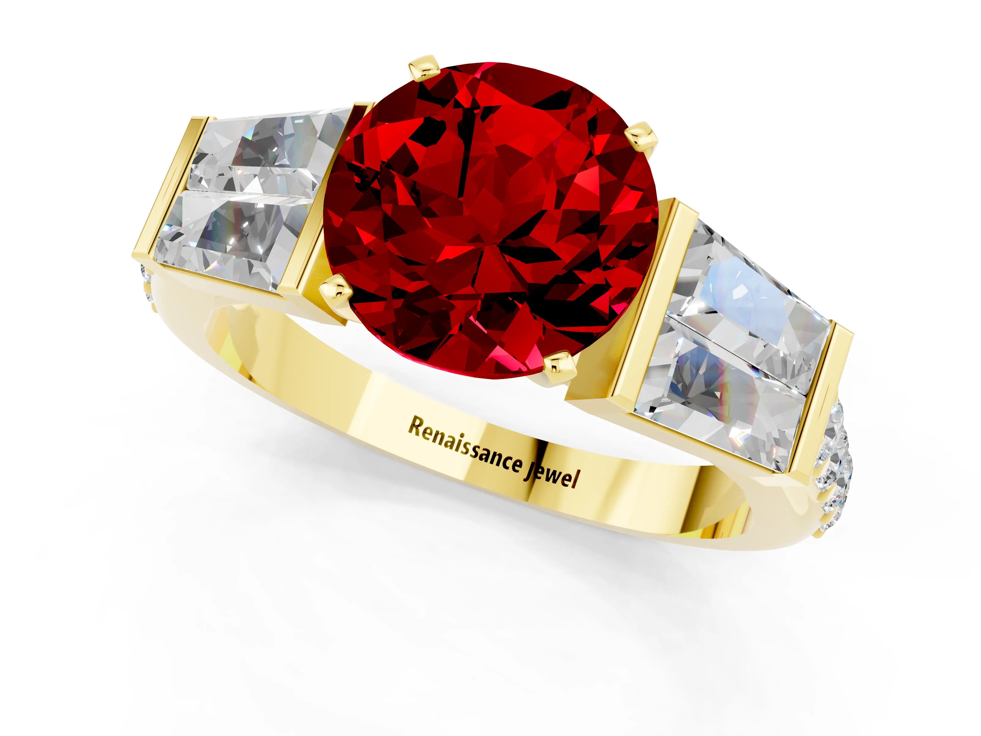 Yellow gold Round Cut Ruby Engagement Ring with Baguette Side Stones and Channel Set Band_1