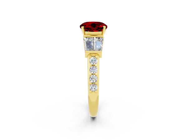Yellow gold Round Cut Ruby Engagement Ring with Baguette Side Stones and Channel Set Band