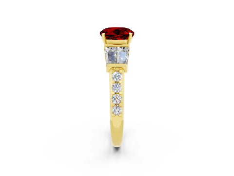 Yellow gold Round Cut Ruby Engagement Ring with Baguette Side Stones and Channel Set Band_2