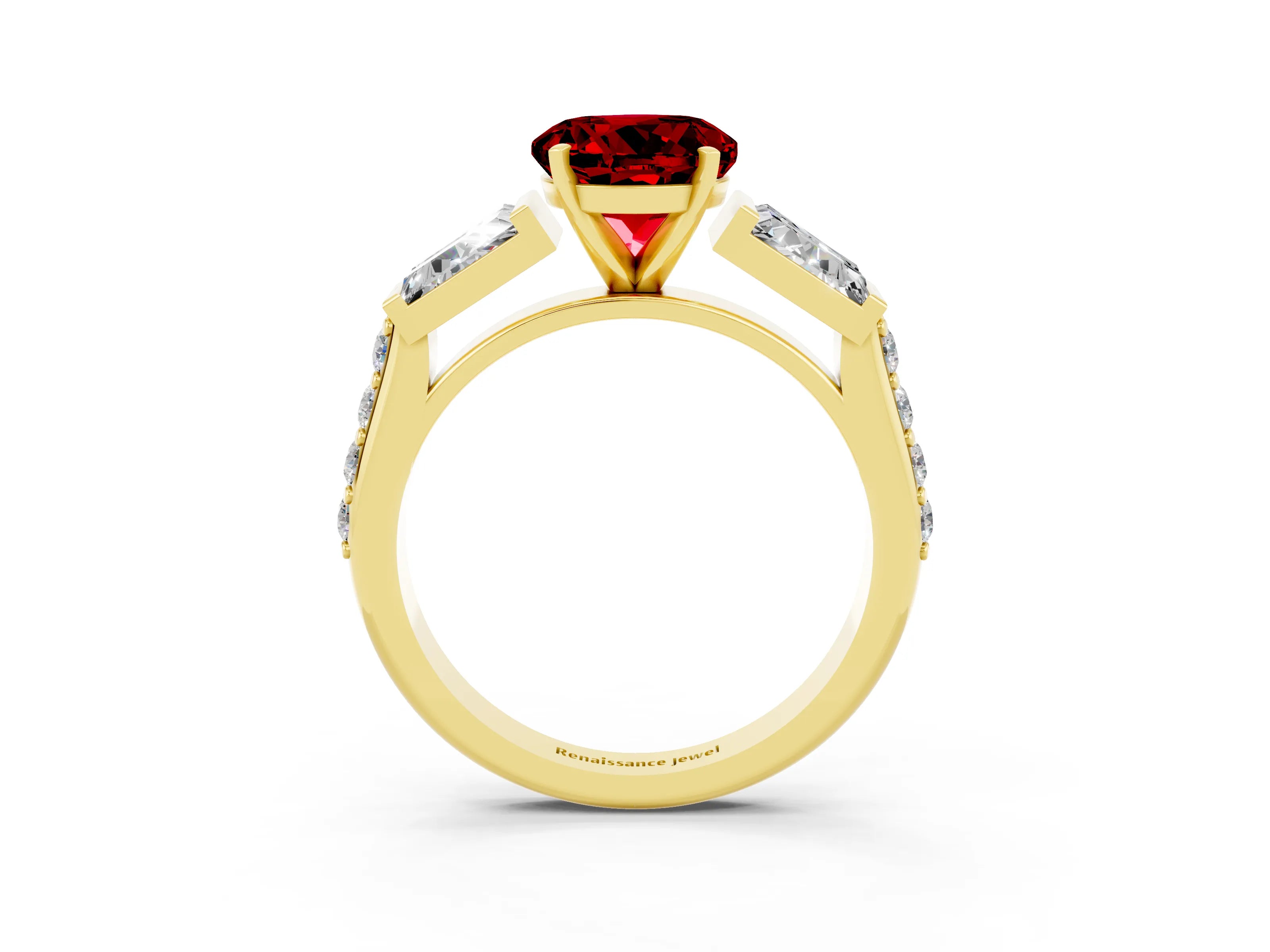 Yellow gold Round Cut Ruby Engagement Ring with Baguette Side Stones and Channel Set Band_3
