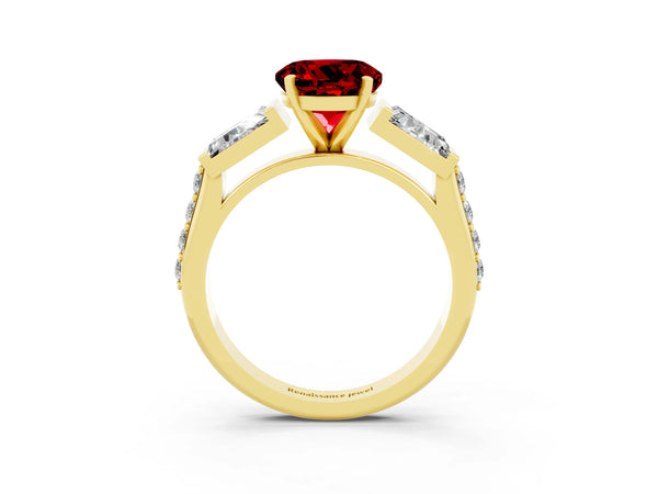 Yellow gold Round Cut Ruby Engagement Ring with Baguette Side Stones and Channel Set Band