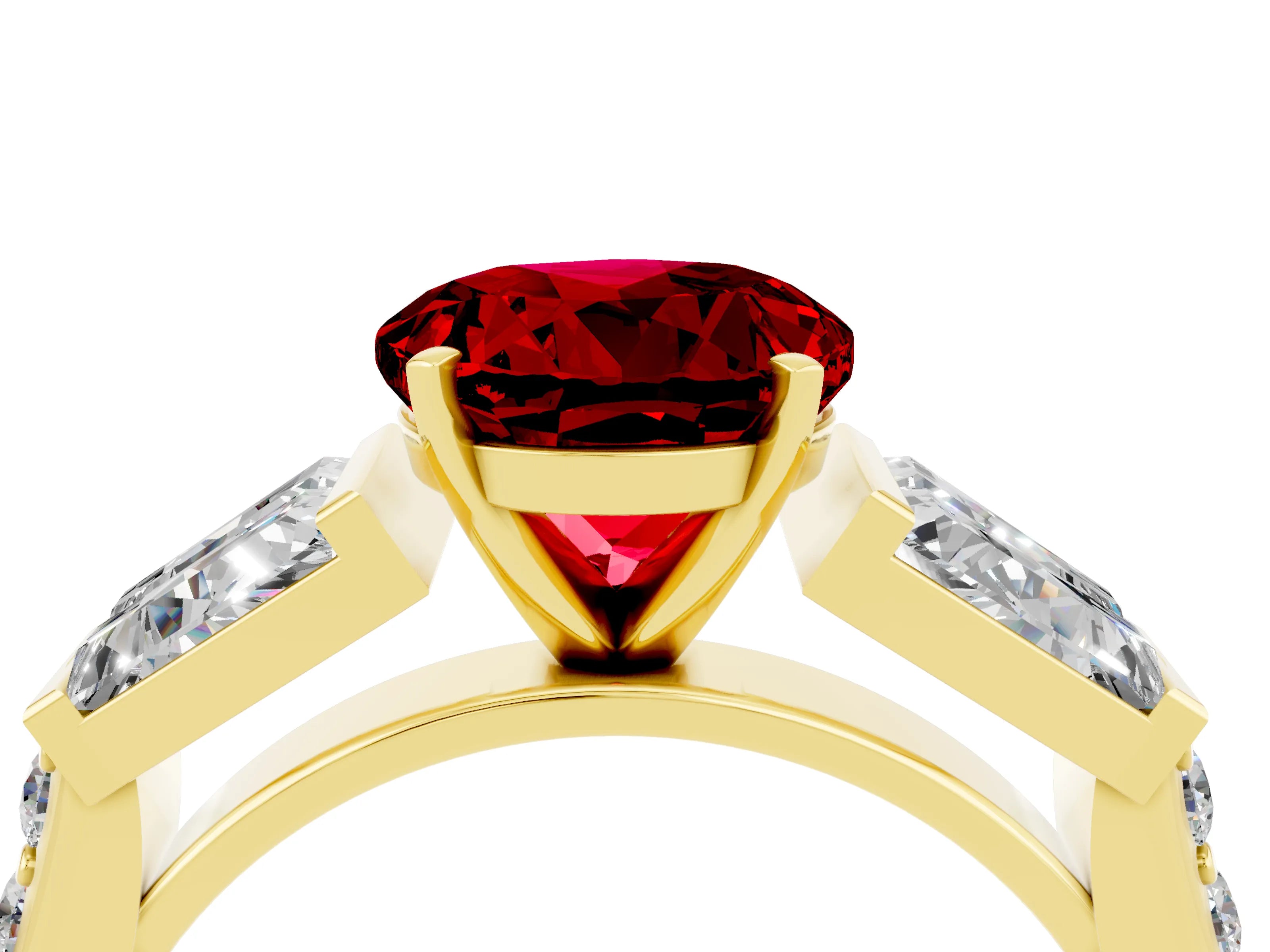 Yellow gold Round Cut Ruby Engagement Ring with Baguette Side Stones and Channel Set Band_4