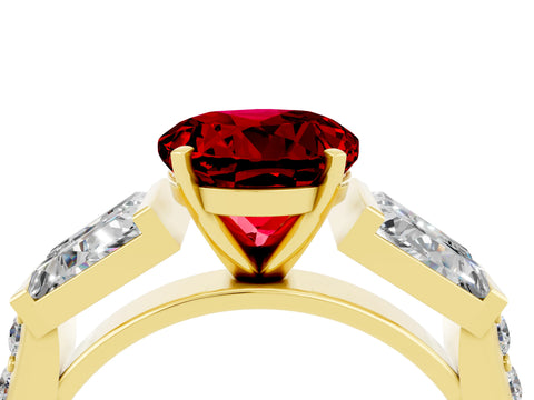 Yellow gold Round Cut Ruby Engagement Ring with Baguette Side Stones and Channel Set Band_4